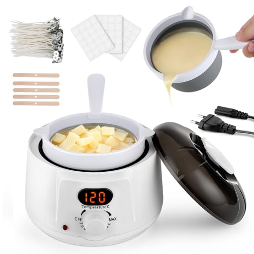 Elektrischer Wachsschmelzer, mit 2 Herausnehmbaren Innentöpfen Wachsschmelzofen - 100x Dochte, Dochtaufkleber, Zentriervorrichtung und Rührlöffel inklusive für Kerzen, Kerzen Selber Machen Set (Weiß)