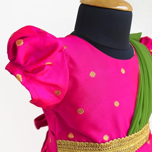 Image of Stanwells Kids Gold & Peach Banarasi Silk Saree Frock for Baby Girls - Traditional Ethnic Dress for Birthday (6 Months-7 Years)