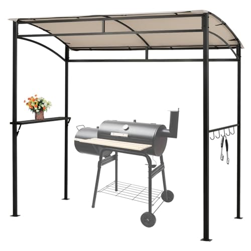 SPOTRAVEL BBQ Grill Gazebo, Outdoor BBQ Shelter with Side Shelf & 5 Hooks, Metal Frame Sunshade Awning Canopy Tent for Garden Patio Backyard (Beige, 216 x 108cm, no Extra Shadow)