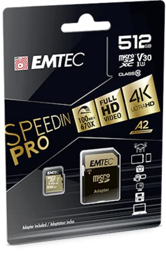 Emtec - UHS-I U3 V30 A1-512 GB, 256 GB - ECMSDM256GXC10SP - Speedin Serie - mit Adapter - Lese- und Schreibgeschwindigkeit bis zu 100 MB/s, 100 MB/s, Schwarz/Gold