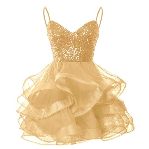 Tulle Homecoming Dresses for Teens Spaghetti Strap Sequin Short Prom Dresses Layered Cocktail Mini Dress 0 Gold