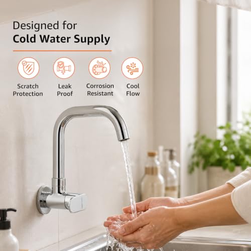 Image of Amazon Basics Rectangular Kitchen Faucet | Cold-Only Single Lever Sink Tap with 360 Degree Swivel Spout | Aerated Water Flow | 15mm / 1 /2 BSP | Kitchen Use [Chrome]