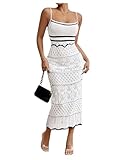 GORGLITTER Women's Crochet Backless Bodycon Maxi Dress Sleeveless Lightweight Knit Cami Long Dresses White Medium