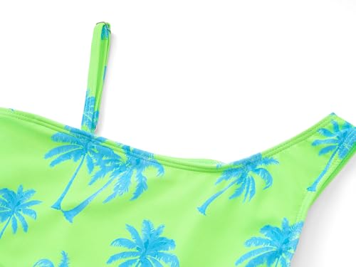 Image of Dvenki Big Girls Asymmetric Cutout Swimsuit Adjustable Straps Sizes 6X-16 | color block, leopard, tropical prints, front lined swimwear, removable pads, suitable for beach, vacation, pool play