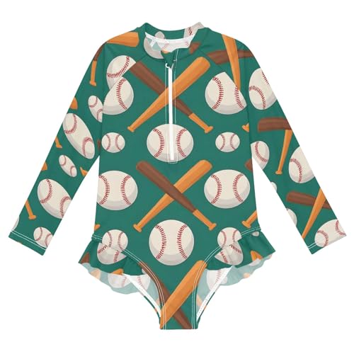 ALAZA Girls Bathing Suit Long Sleeve Rash Guard for Girls Baseball Bat UPF 50+ 7-8T