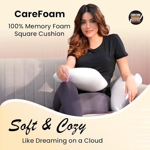 Image of CareFoam Memory Foam Square Cushion for Car, Sofa /Diwan, Bed, Chair & Decoration | Highly Durable, Hypoallergenic | 14 inchx 14 inch x 4 inch | Velvet Cover | White Jacquard, Pack of 2