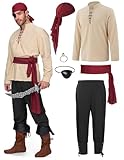 Spooktacular Creations 6 Pcs Men Pirate Costume, Men Renaissance Medieval Beige Black Viking Pirate Costume with Viking Shirt, Banded Pants,Eye Patch, Bandana,Belt, Earrings for Halloween Cosplay-XXL