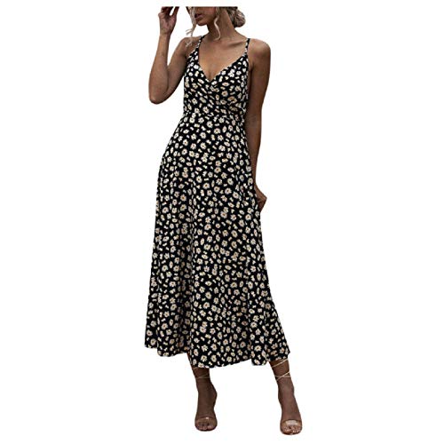 Tsmile Women's Summer Fashion Plus Size Floral-Print Boho V-Neck Long Dress Evening Party Beach Flowy Dress Sundress Black