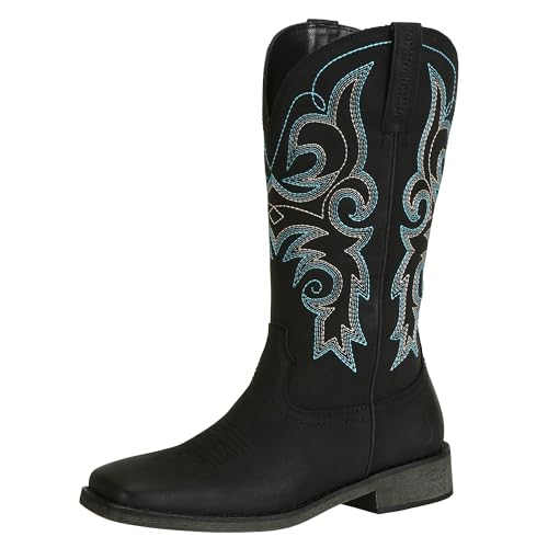 Image of J's.o.l.e Womens Square Toe Cowgirl Cowboy Boots Mid Calf with Chunky Heel Retro Embroidery Western Boots