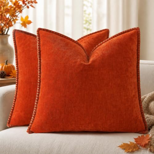 Image of decorUhome Fall Chenille Soft Cozy Throw Pillow Covers 24x24 Set of 2, Modern Farmhouse Boho Velvet Decorative Euro Sham Pillow Cases with Stitched Edge for Couch Sofa Bed Home Decor, Rust