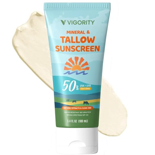 Vigority Tallow Sunscreen SPF 50 for Face & Body Natural Grass-Fed Beef Tallow Non-Nano Zinc Oxide Moisturizing Mineral Sunblock Non-Greasy & Non-Toxic Reef Safe for Adults & Kids (3.4 oz)