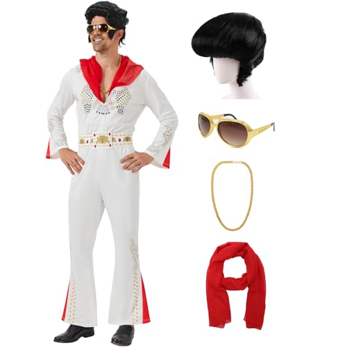 Coseaon Herren 70er Jahre Disco Kostüm Outfit mit Perücke Sonnenbrille Schal Halskette Halloween Karneval Sänger Jumpsuit für Erwachsene (Weiß, 3XL)