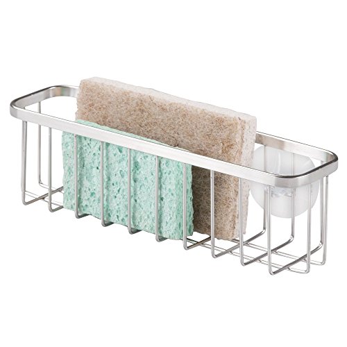 MetroDecor mDesign Kitchen Sink Suction Sponge and Scrubber Holder - Extra Wide, Polished Stainless Steel