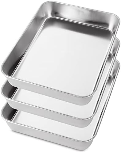 YOUNTHYE Deep Oven Trays Non Stick Set of 3, Stainless Steel Baking Trays, Small Roasting Tin, 26.6x20x5CM, Rectangle Cake Tins Non Toxic Mirror Finish