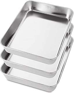 YOUNTHYE Deep Oven Trays Non Stick Set of 3, Stainless Steel Baking Trays, Small Roasting Tin, 26.6x20x5CM, Rectangle Cake Tins Non Toxic Mirror Finish