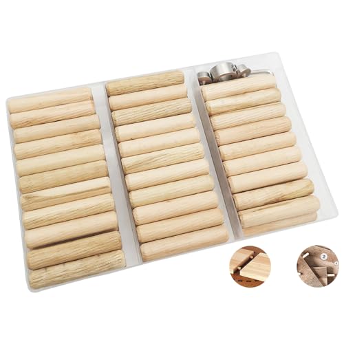 Holzdübel,CESFONJER 10mm Dübel Holz Set, 63 pcs Holzdübel, 2 pcs Dübelspitzen und 1pcs Bohrer Tiefenanschlag, mit Sechskantschlüssel für gerillte Rillen, Basteln, Heimwerken, Zimmerei