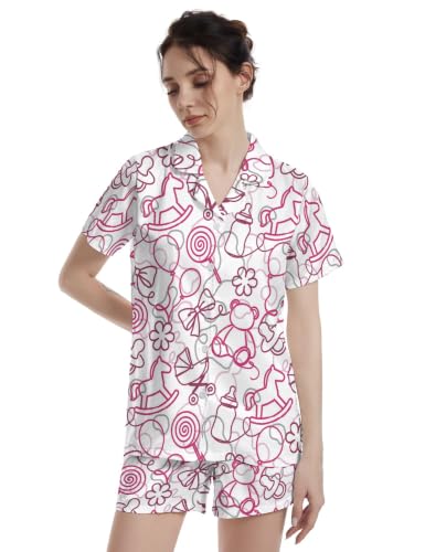 Image of Funny Pajamas for Women Set Print Satin Loungewear Pjs Short Sleeve Button Down Top and Shorts Sets Sleepwear XS-3XL