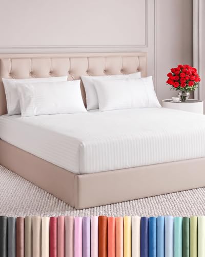 Image of Split King 7 Piece Bed Sheet Set - Breathable & Cooling - Striped White