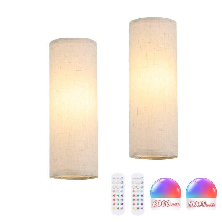 Shenmoyl Adhesive Battery Operated Wall Sconce Set of 2, 6000 mAh Battery Rechargeable Bulb with 12 RGB Colors, Stick on Wall Sconce No Drill Wall Lights, Linen