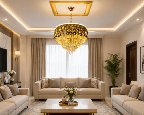 Image of TRIXY Flower Design Chandelier Lights For Ceiling Living Room | Hanging Golden Pendant Light 600MM Jhumar Lamp | K9 Crystals | 3 LED Color Changing (Warm White, Natural, Cool) | New Home & Decor Light