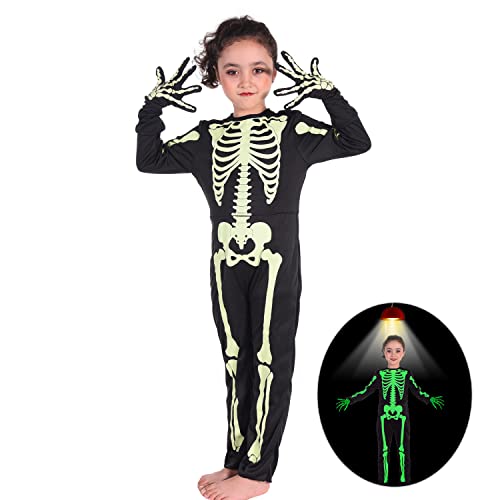 Besutolife 4T Toddler Skeleton Costumes Kids Halloween Skeleton Costume Glow in The Dark with Gloves White Bones Stretch Body Suit for Boys Girls