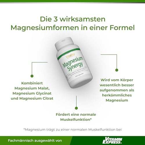 Magnesium Synergy 3-Fach Power: Magnesium Citrat, Glycinat & Malat, 120 Kapseln Hochdosiert, Premium Komplex Vegan, Laborgeprüft Vitality Nutritionals von Vitamin Express