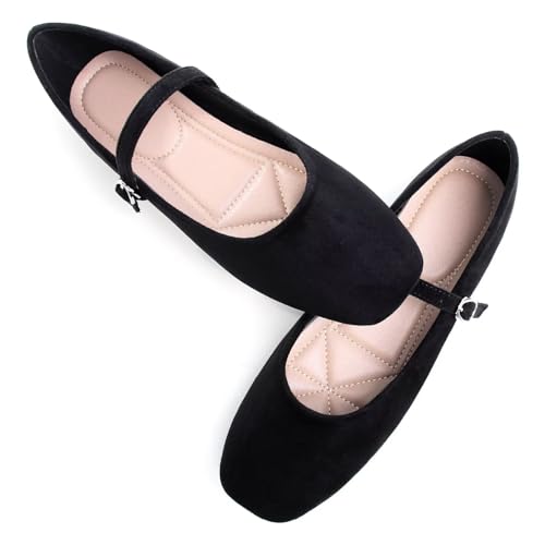 Image of TN TANGNEST Leather Flats for Women Retro Mary Jane Flats | Comfortable Square Toe Slip On Flats with Buckle Strap, Soft Work Flats Office Shoes