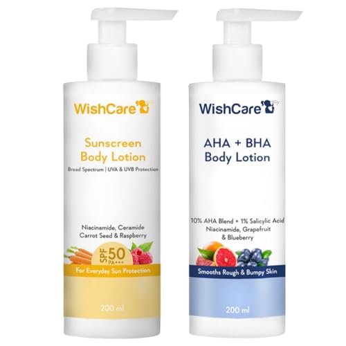 Image of WishCare SPF 50 Sunscreen Body Lotion & AHA BHA Exfoliating Body Lotion Combo | Broad Spectrum UVA /UVB Protection with Gentle Chemical Exfoliation for Smooth, Hydrated & Even-Toned Skin | Pack of 2 (200ml each)