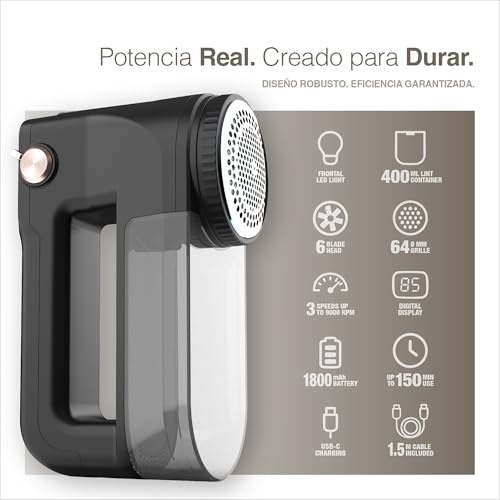 Miniatura 5 de Portentum Quitapelusas Electrico Con Luz Led Pantalla Digital, 3 Velocidades Hasta 9.000 Rpm, Cuchilla 6 Hojas, Gran Depósito, Quita Pelusas Ropa Y Hogar Recargable Usb C, Alta Potencia 15w