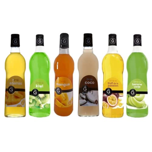 Un lotto di sciroppi di rioba con profumi esotici tra cui: ananas 70cl, kiwi 1L, mango 70cl, cocc 70cl, passion frutto 1L, banana verde 1L. Ideale per la produzione di cocktail!