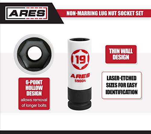 Ares 59000-5-Piece 1/2-Inch Drive Non-Marring Impact Lug Nut Socket Set - Protective Sleeves And Inserts Prevent Damage To Wheels And Lugs - Storage Rail Included #TOP3