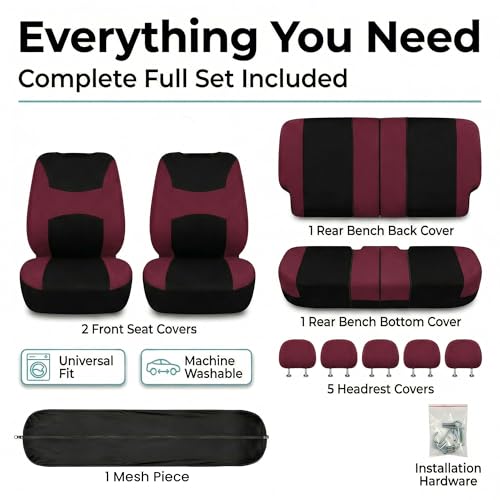 Image of FH Group Car Seat Covers Rear Set Cloth - Universal Fit Automotive Seat Covers, Low Back Front Seat Covers, Solid Back Seat Cover, Washable Car Seat Cover for SUV, Sedan and Van Burgundy