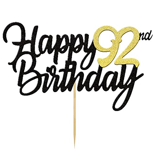 Happy 92nd Birthday Cake Toppers Glitter 92nd Anniversary Cake Topper 92 Years Loved Bday Decorations 92 Gold Birthday Cake Decorations Ninety-two Party Supplies for Women Men(Black Gold)
