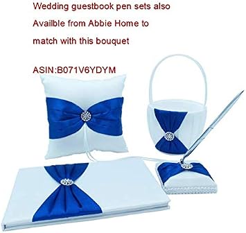 Abbie Home Handmade Bridal/Bridesmaids Brooch Bouquet Royal Blue Satin Roses with Crystal Diamond Pearl Decor-Royal Blue+White