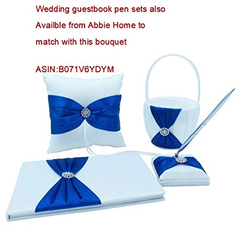 Abbie Home Handmade Bridal/Bridesmaids Brooch Bouquet Royal Blue Satin Roses With Crystal Diamond Pearl Decor-Royal Blue+White #TOP6