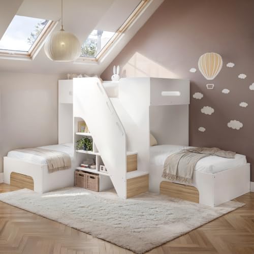 Image of Flair Furnishings - Triple Bunk Bed for Kids with Storage (White & Oak)