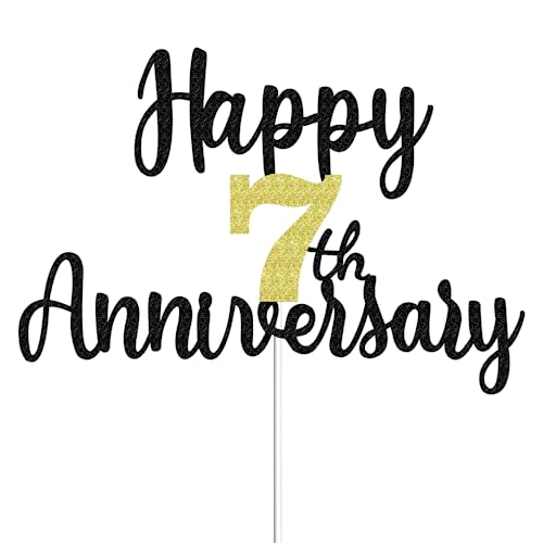 Happy 7th Anniversary Cake Toppers Glitter, Cheers To 7 Years Old Party Decorations 7 Year Anniversary Cake Decor, Seven Theme Cake Decorations For Wedding Birthday Company Anniversaro(Black Gold)