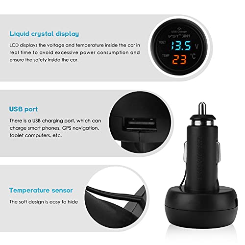 Car Voltmeter, 3 in 1 12V/24V Car USB Charger Thermometer Display, Voltage Temperature Meter with LCD Digital Display Panel, Voltage Tester Gauge for Cars and Trucks - Image 6