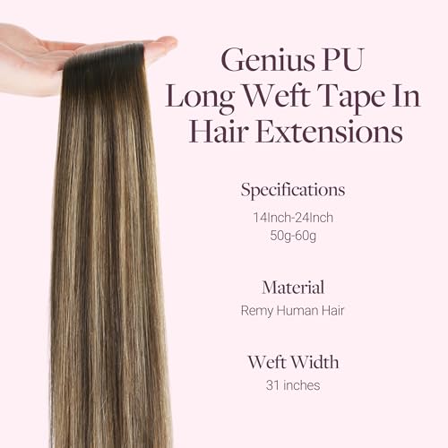 Image of GOO GOO Tape In Weft Hair Extensions Human Hair, Genius PU Long Weft Tape In Hair Extensions Real Human Hair, Silky Easy to Use, 4 /27 /4 Balayage Chocolate Brown to Caramel Blonde 14 inch 50g