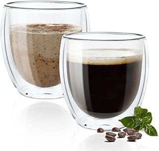 ALIMOTA 250ml Double Walled Coffee Mug, Set of 2 Glass Insulated Coffee Mugs, Cappuccino Cups, Espresso Cup, Microwave Dishwasher Safe Latte Glass Set, Heat Resistant Drinking Glasses(Without Handle)
