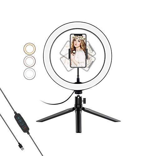 Pritech Luz de Anillo LED 10 26CM fotográfica de Escritorio, 3 Colores 10 Brillos Regulables Control Remoto, Trípode con Soporte Giratorio de teléfono para Selfie, Maquillaje, Youtube, TIK Tok