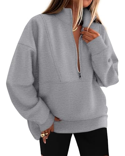 KIRUNDO Sweatshirt for Women 2026 Fall Half Zip Pullover Oversized Fleece Mock Neck Hoodies Fashion Outfits Winter Clothing(Grey, Medium)