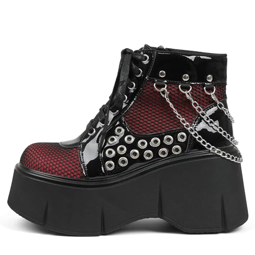 Women's Black Platform Boots Wedge Goth Round Toe Lace Up Chain Mesh Punk Combat Ankle Booties2