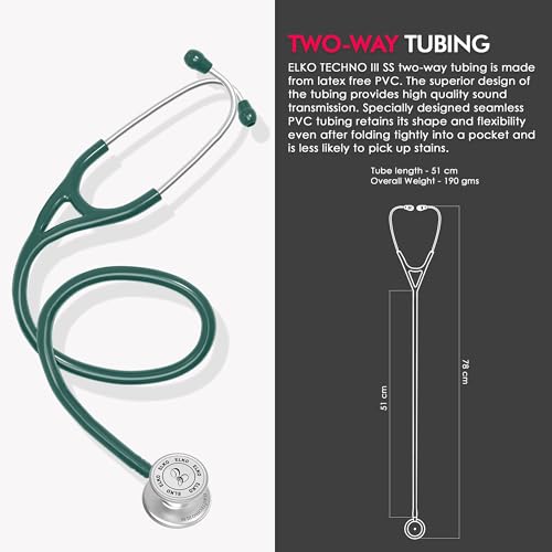 Image of ELKO TECHNO III SS Stainless Steel Stethoscope with ENGRAVING | Engrave Your Name or Initials on the Chest Piece | Lightweight Double-Sided Stainless Steel Chest piece | Two-Way PVC Tubing | Ideal for Doctors & Medical Students (Green)