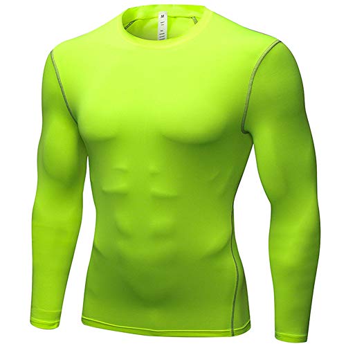 Shengwan Men Base Layer Long Sleeve Running Tops Gym Athletic Compression T-Shirts Fluorescent Green XXL