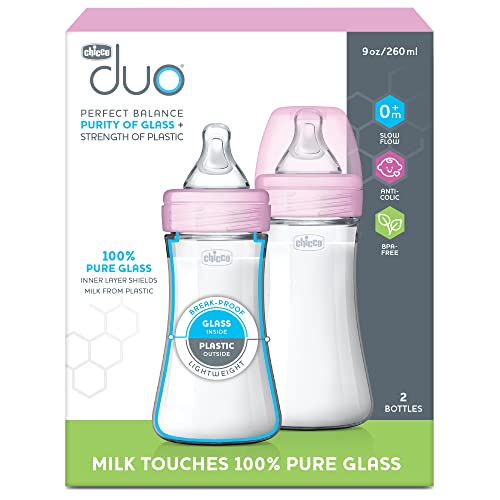 Chicco Duo 9Oz. Hybrid Baby Bottle With Invinci-Glass Inside/Plastic Outside 2-Pack With Slow Flow Anti-Colic Nipple - Pink #TOP1