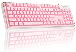 Clavier de jeu, 7 Clavier de jeu filaire rétro-éclairé de couleurs solides avec boîtier clair et double-capsules de clés, MageGee K1 Ergonomie imperméable 104 Keys Light Up clavier pour PC Ordinateur portable de bureau, rose