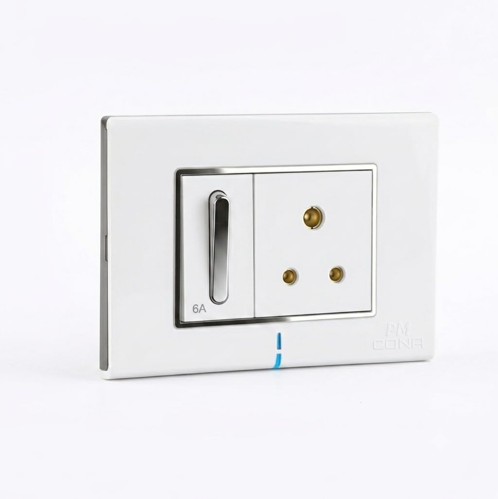 PM Cona Modular Wall Plate 3M,White,LED Indicator| Polycarbonate Switch Frame| With Cona's Accessories Chrome Switch 6A, 1 Way and Socket 6A, 3 Pin| ISI Marked|-picture-15
