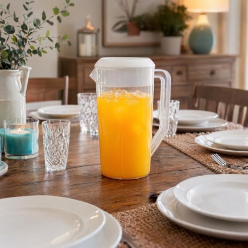 Image of Housoutil 2.5L Plastic Beverage Pitcher Jug with Lid with Measurements | For mixing iced tea and juices ideal for family poolside parties with tight lid and clear scale markings