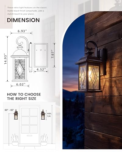 Image of FEMILA Dusk to Dawn Outdoor Wall Light Fixtures, 15 inch Exterior Waterproof Wall Sconce, Front Porch Lights, ORB Finish with Hammered Glass, E26, UL Listed, 4FD54B-PC ORB-SD